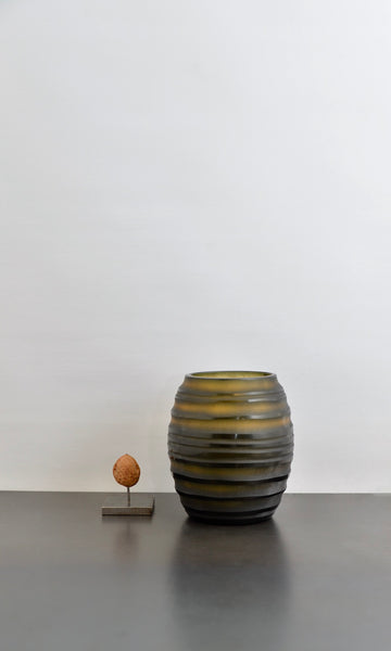 Green/ brown cut glass round vase