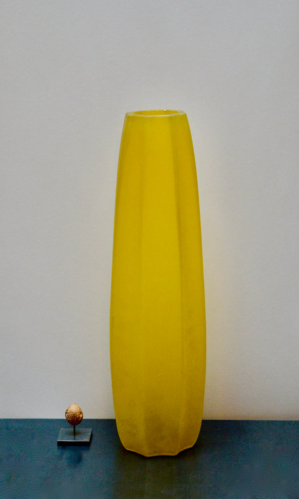 Yellow hand cut glass vase tall