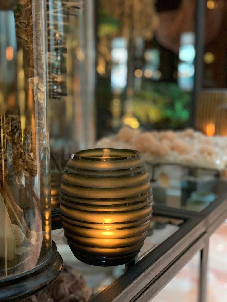 Green/ brown cut glass round vase