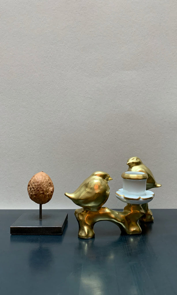 Urban Farm birds gold ceramic candle holder