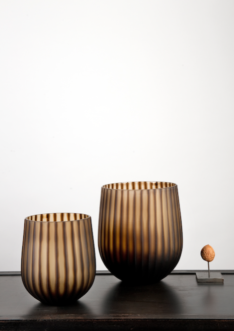 Round cognac cut glass vase medium