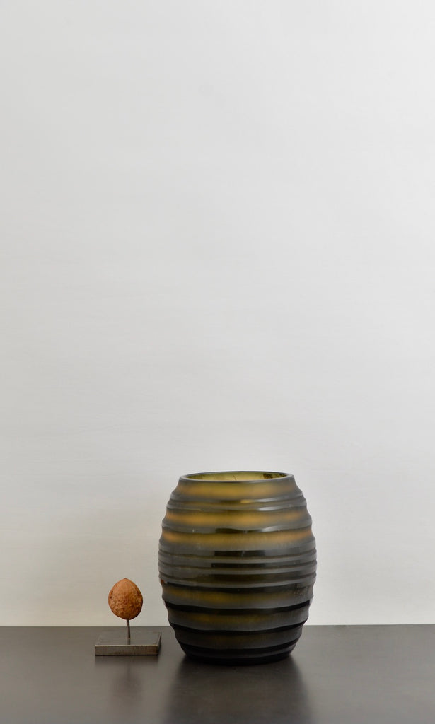 Green/ brown cut glass round vase